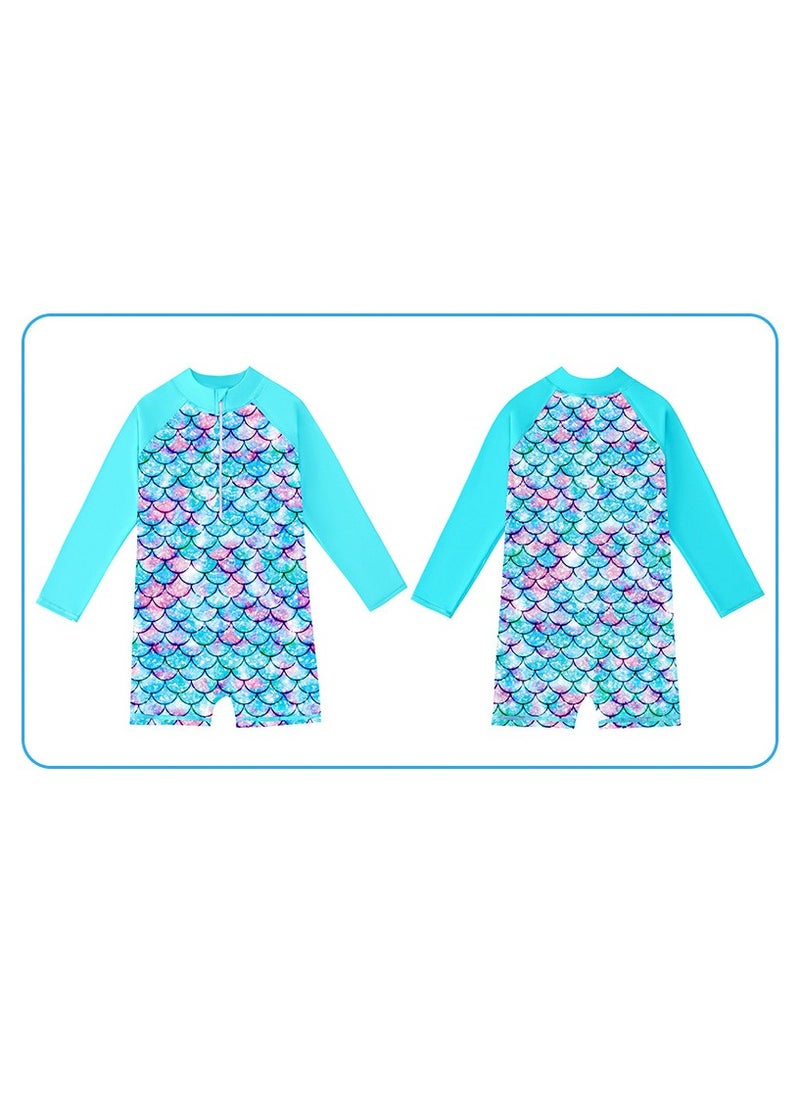 Girls' long-sleeve for sun protection and surfing mermaid One Piece swimsuit Blue/Green