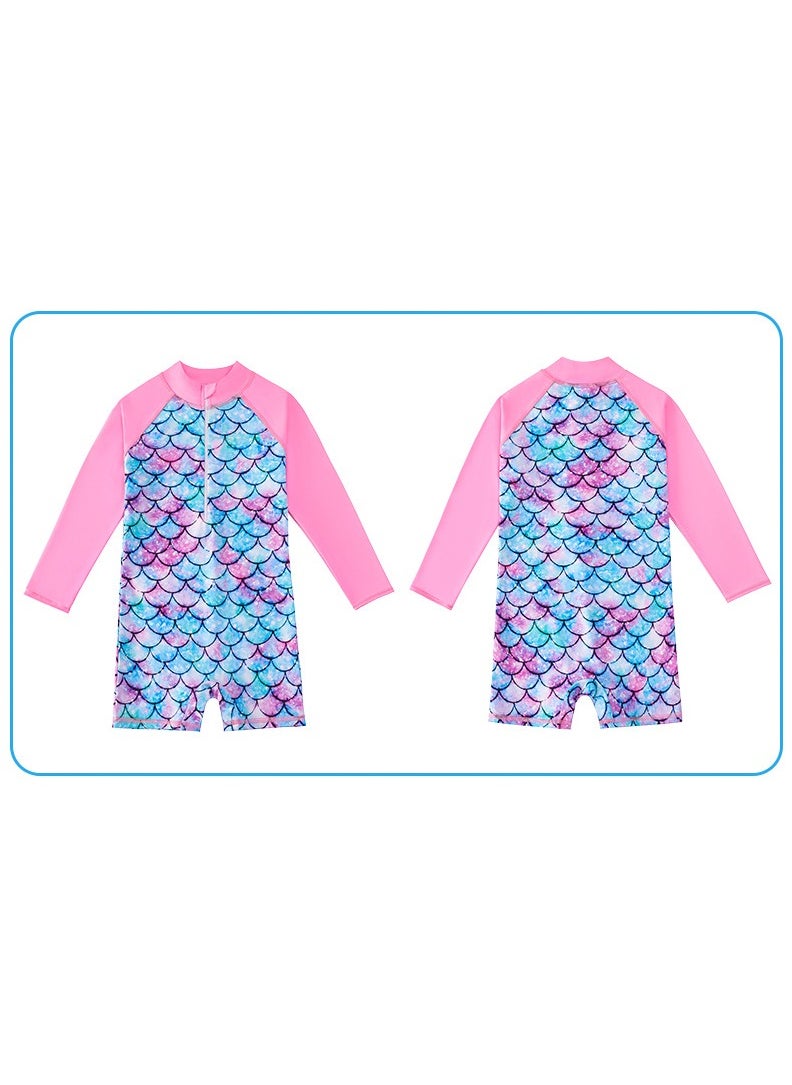 Girls' long-sleeve for sun protection and surfing mermaid One Piece swimsuit Pink/Blue
