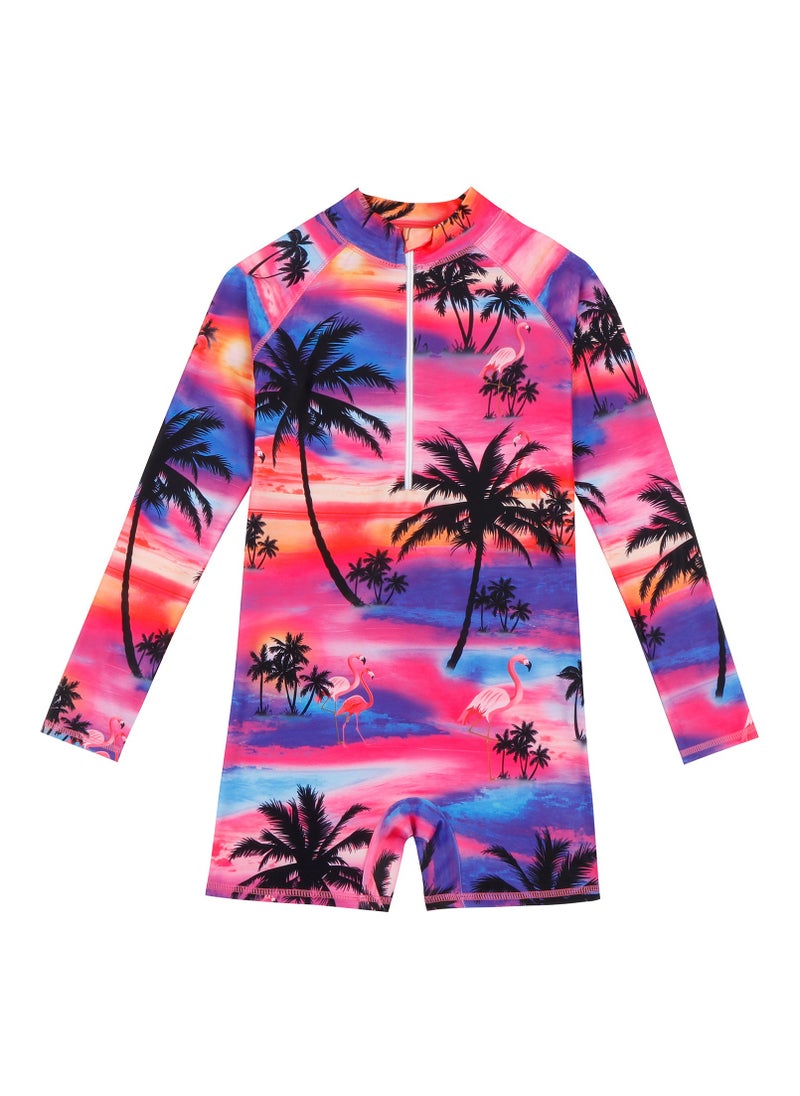 Girls' Sun Protection with Long Sleeves One Piece Swimsuit Red/Pruple