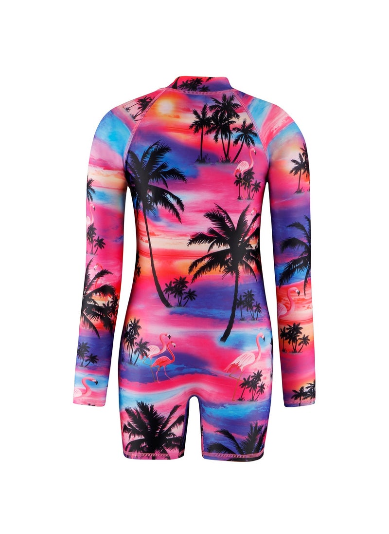 Girls' Sun Protection with Long Sleeves One Piece Swimsuit Red/Pruple