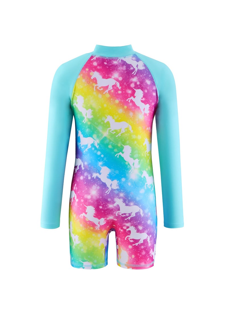 Girls' Long-Sleeve Unicorn One Piece Swimsuit for Water Sports Pink/Blue