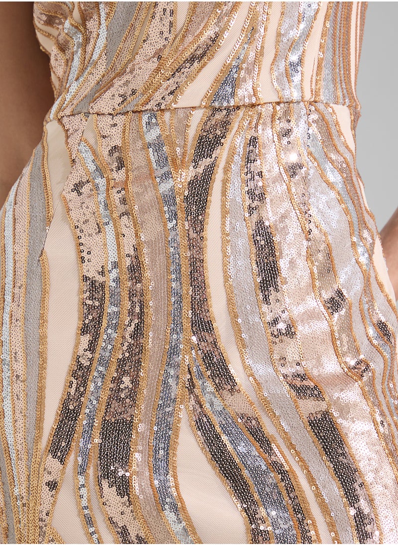 Embellished Side Slit One Shoulder Dress