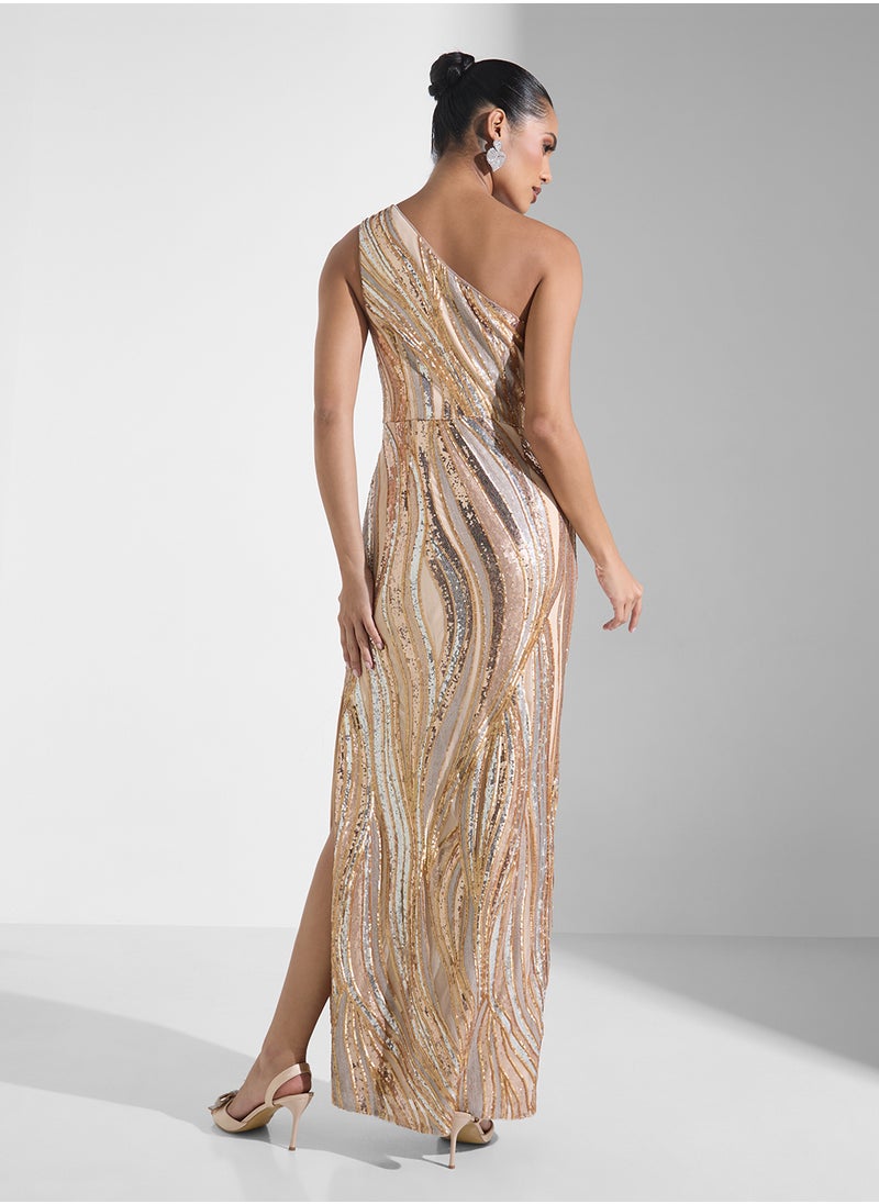 Embellished Side Slit One Shoulder Dress
