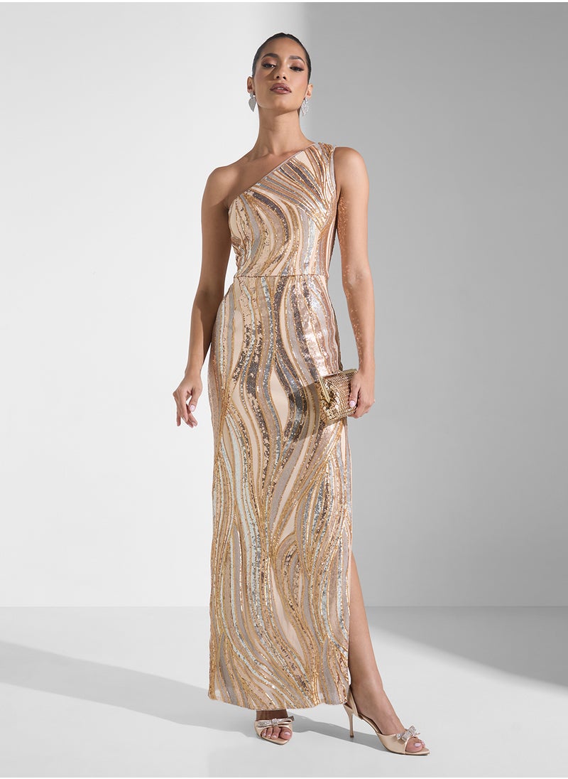 Embellished Side Slit One Shoulder Dress
