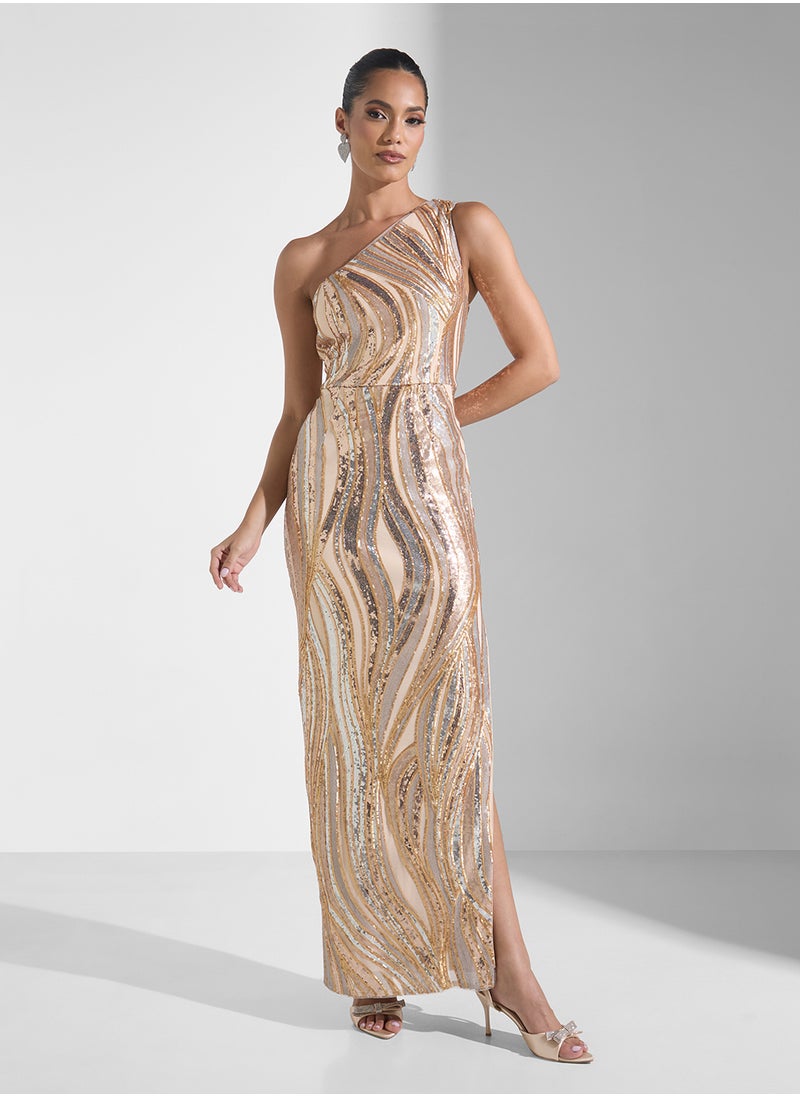 Embellished Side Slit One Shoulder Dress