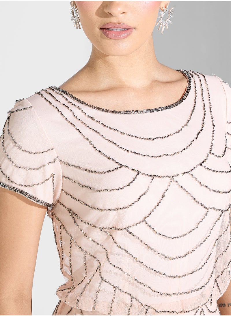 Embellished Crew Neck Tiered Dress