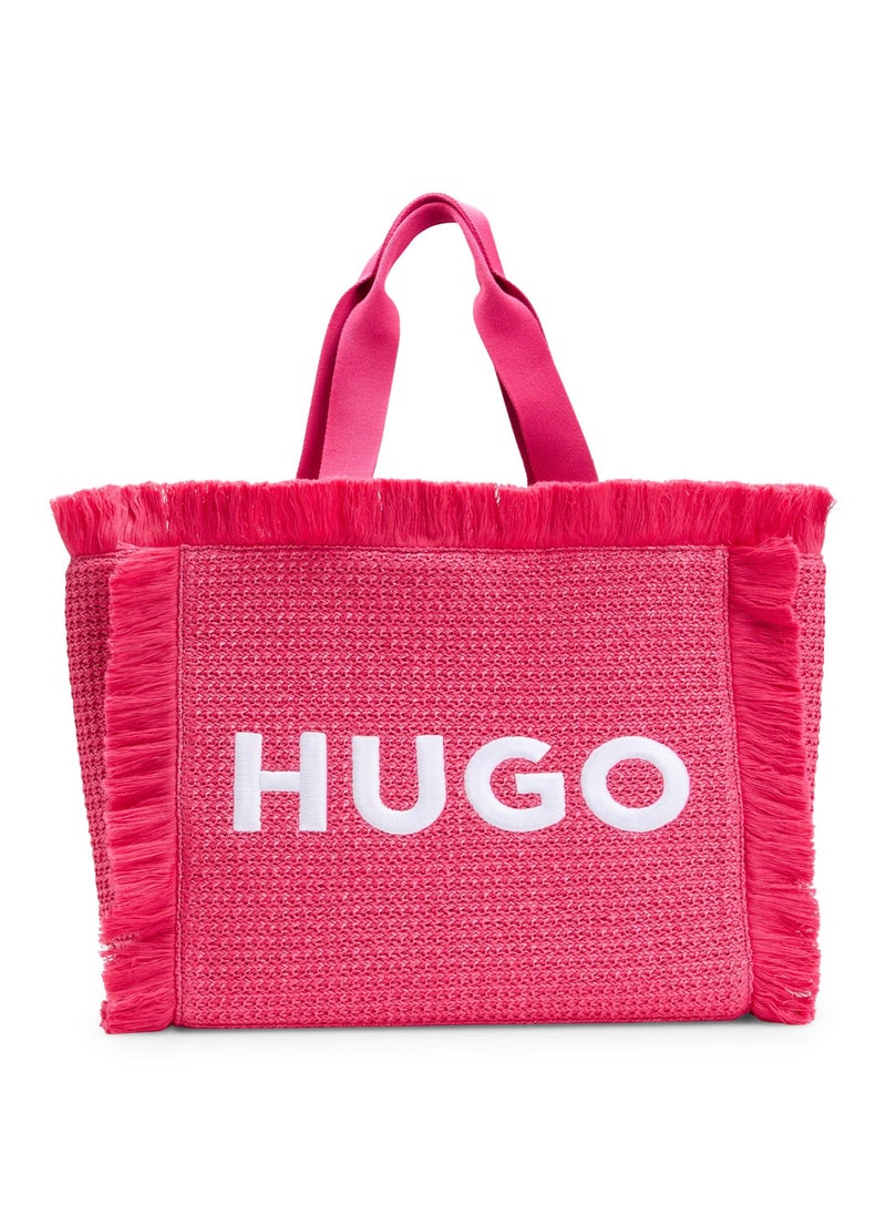 Logo-embroidered raffia-effect tote bag with fringe trims