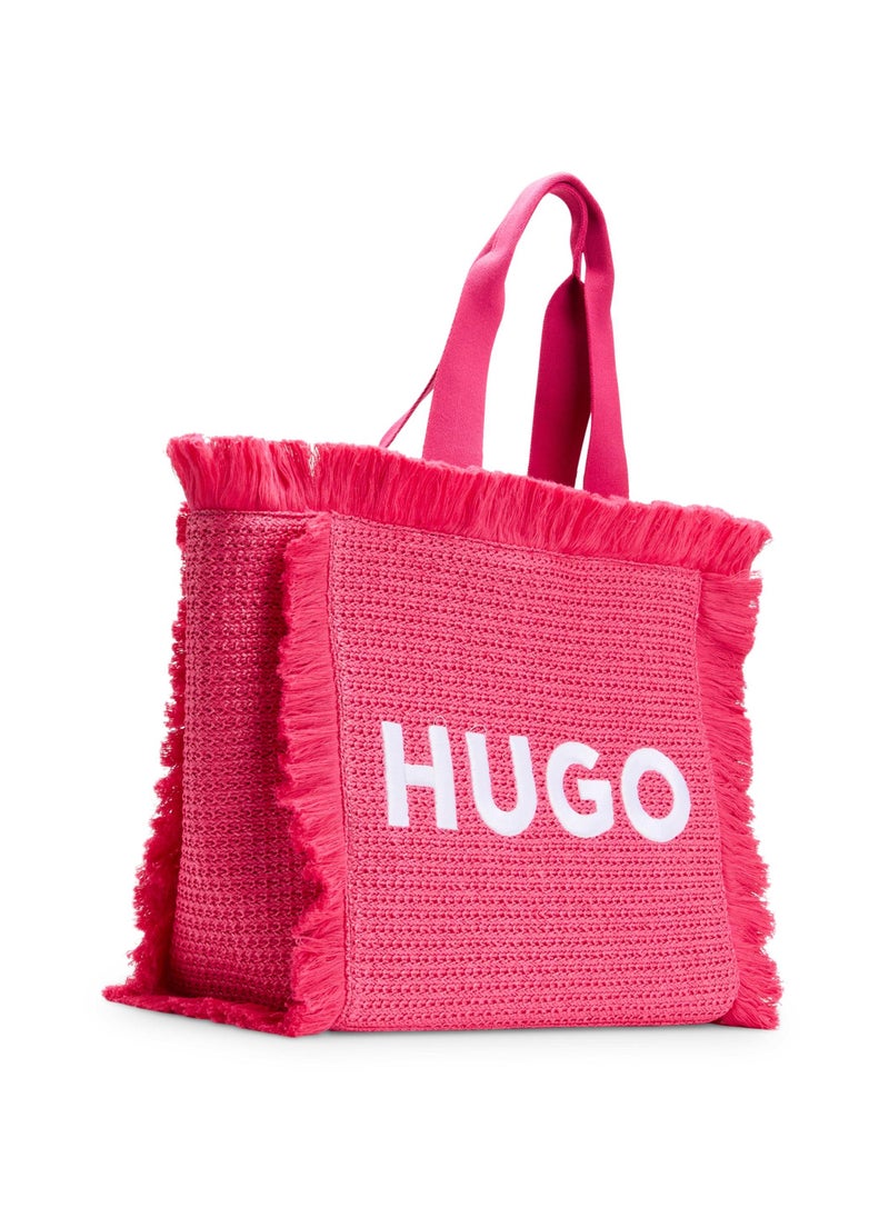 Logo-embroidered raffia-effect tote bag with fringe trims