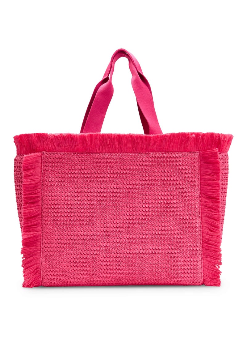 Logo-embroidered raffia-effect tote bag with fringe trims