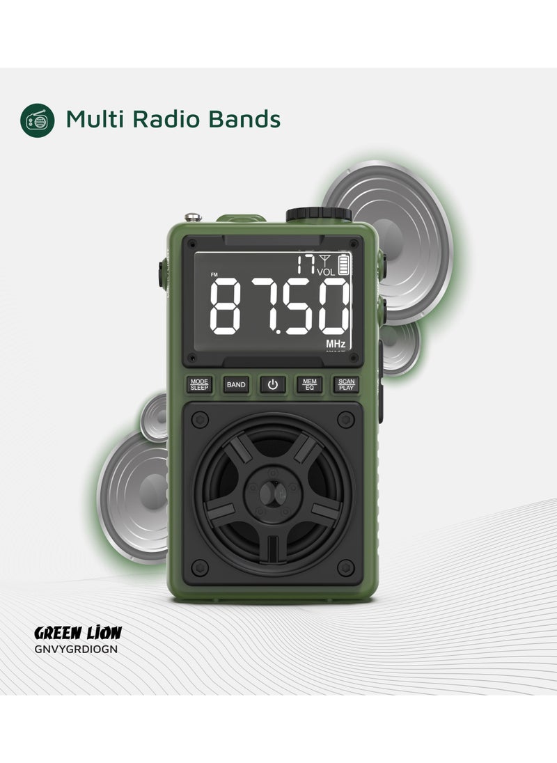 Voyager Portable Radio with Bluetooth Speaker and Flashlight / Digital Radio Display / Lock & Sleep Function / Earphone Jack 3mm / Micro SD / Compact & Potable for Outdoor and Camping - Green
