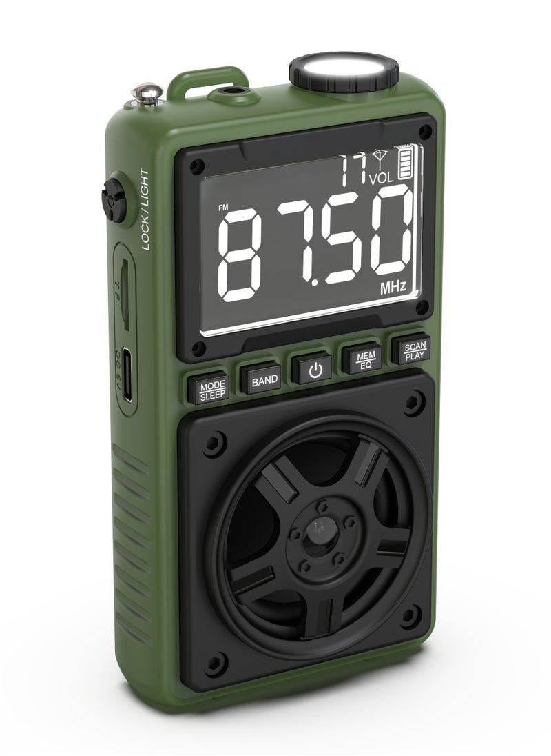 Voyager Portable Radio with Bluetooth Speaker and Flashlight / Digital Radio Display / Lock & Sleep Function / Earphone Jack 3mm / Micro SD / Compact & Potable for Outdoor and Camping - Green