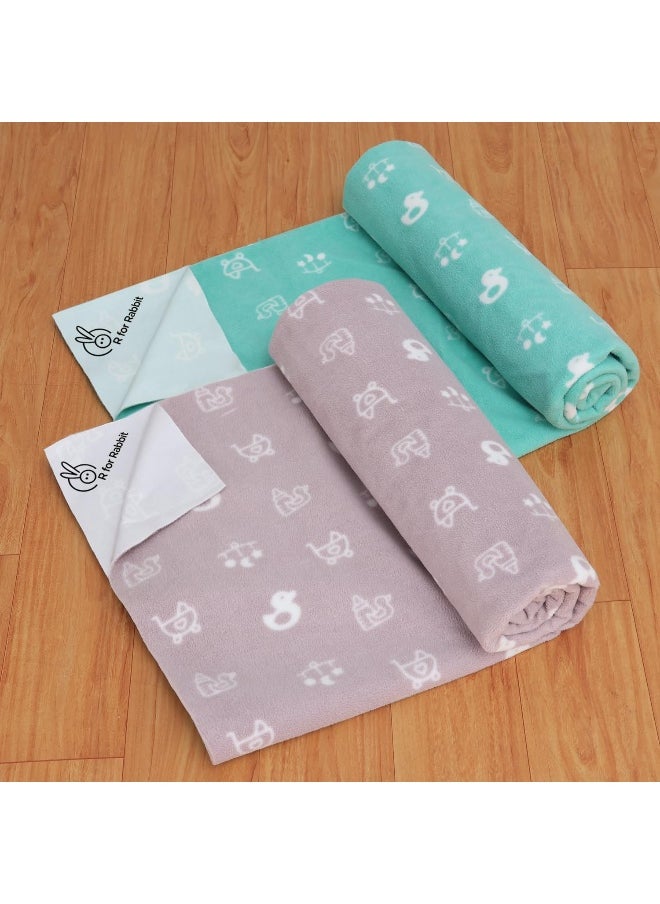 R for Rabbit Dry Nap Waterproof Quick Dry Anti-Piling Fleece Extra Absorbent Washable & Reusable Dry Sheet for Baby | Infant Bed Pad | Kids Bed Mattress Protector (Size-M, Green-Grey, Pack of 2 Combo)