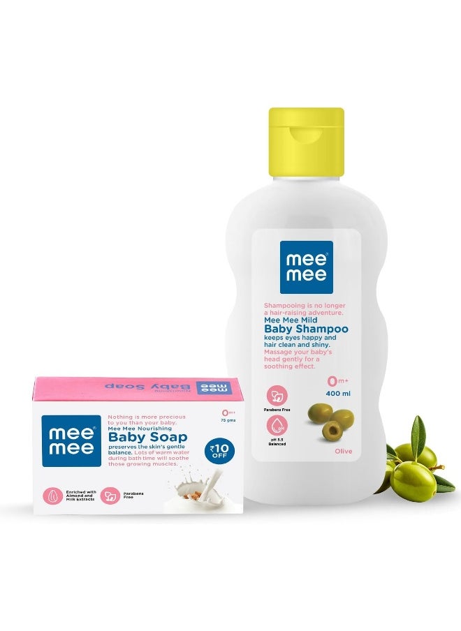 Mee Mee Mild Baby Shampoo with Fruit Extracts, 500ml and Nourishing Baby Soap with Almond and Milk Extracts, 75g