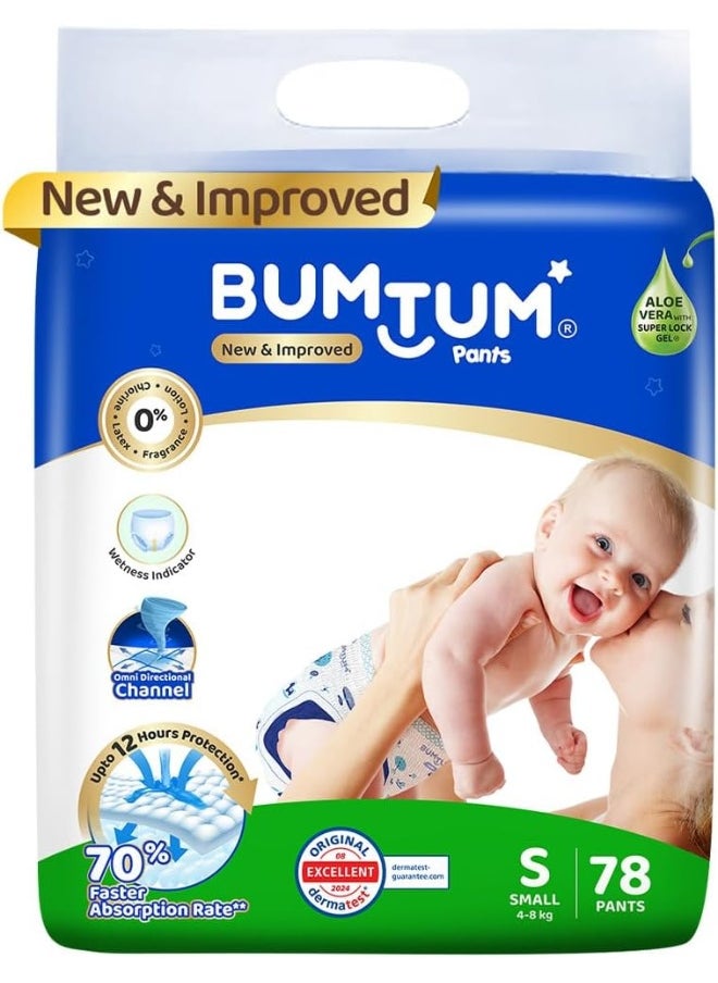 Bumtum Baby Diaper Pants, S (Size 2), 4-8 kg, Double Layer Leakage Protection Infused With Aloe Vera, Cottony Soft High Absorb Technology, 78 Diaper