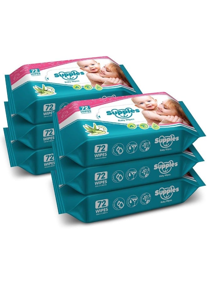 Supples Baby Wet Wipes with Aloe Vera and Vitamin E, 72 Pieces, White (Pack of 6)
