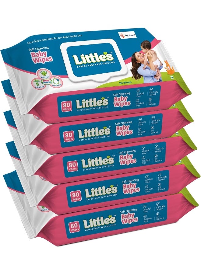 Little's Soft Cleansing Baby Wipes Lid, 80 Wipes (Pack of 5)