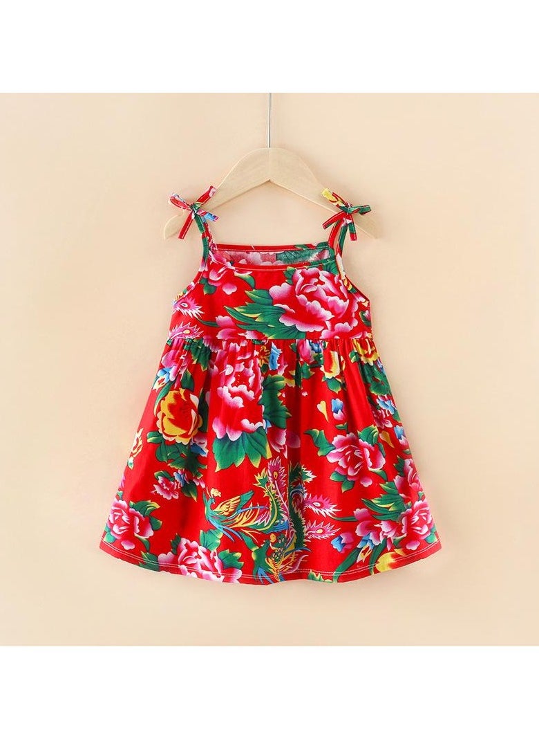 Girls Ins Style Princess Summer Collection Floral Print Strap Dress