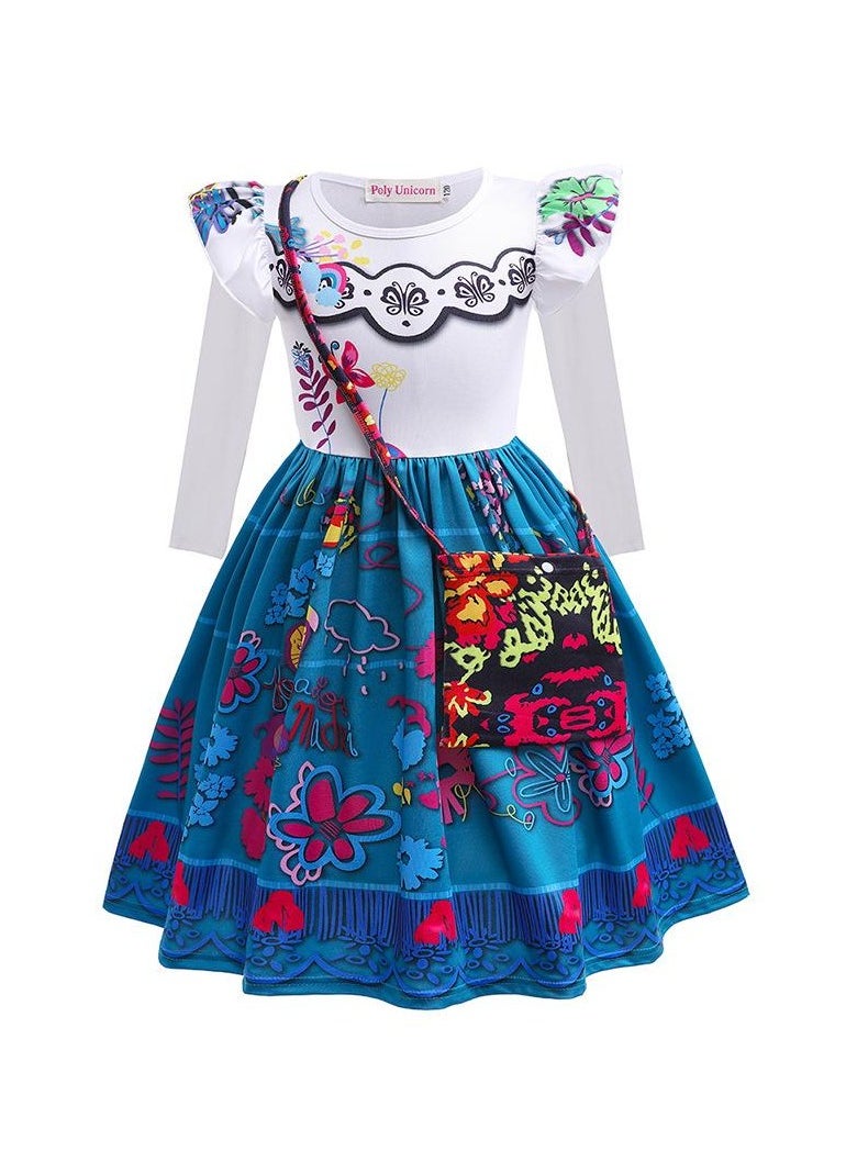 Children's Role Play Cosplay Costume Dress DJS52 long-sleeved skirt + bag Blue/White