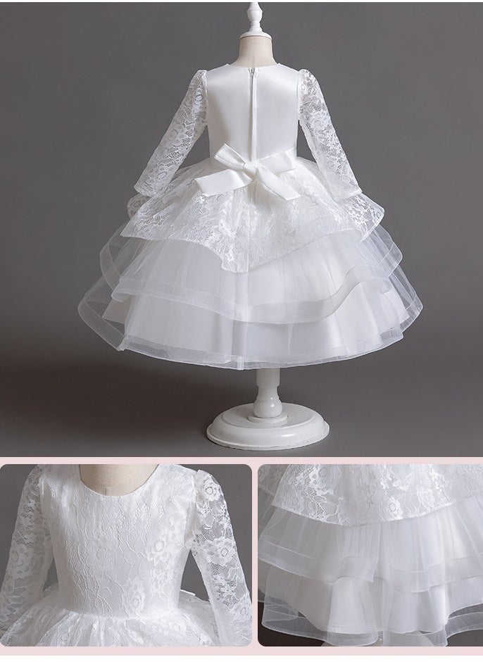 Long-sleeve lace children's princess dress for birthday parties and weddings.