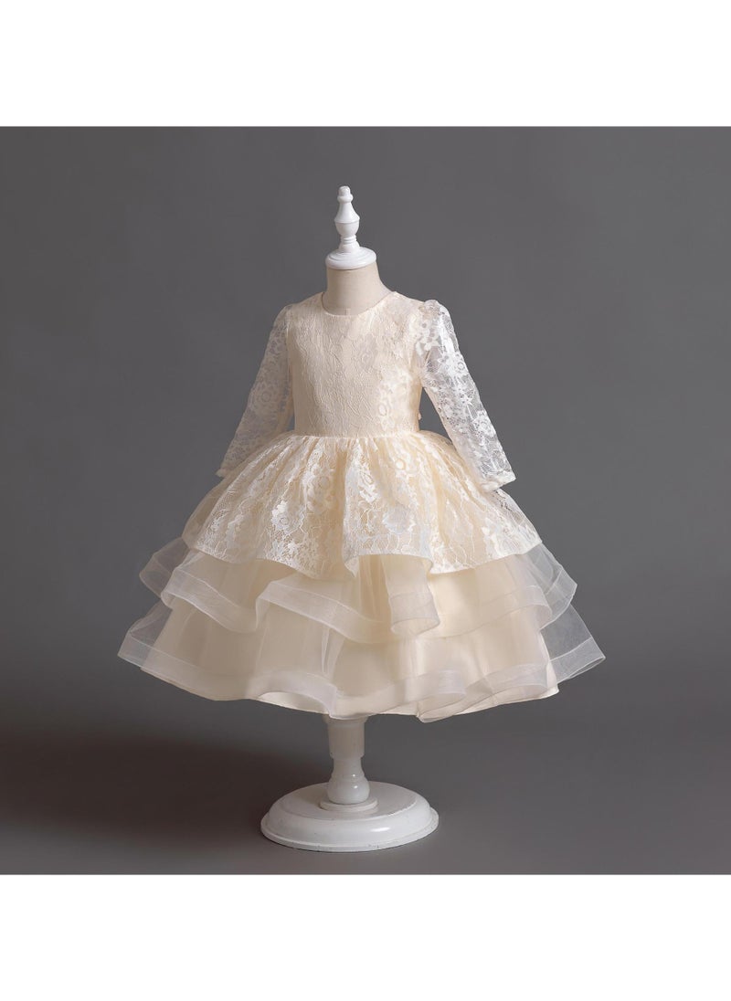 Long-sleeve lace children's princess dress for birthday parties and weddings.