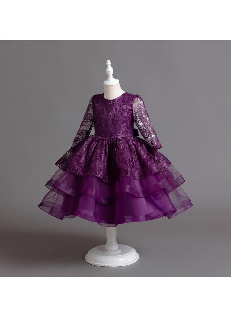 Long-sleeve lace children's princess dress for birthday parties and weddings.