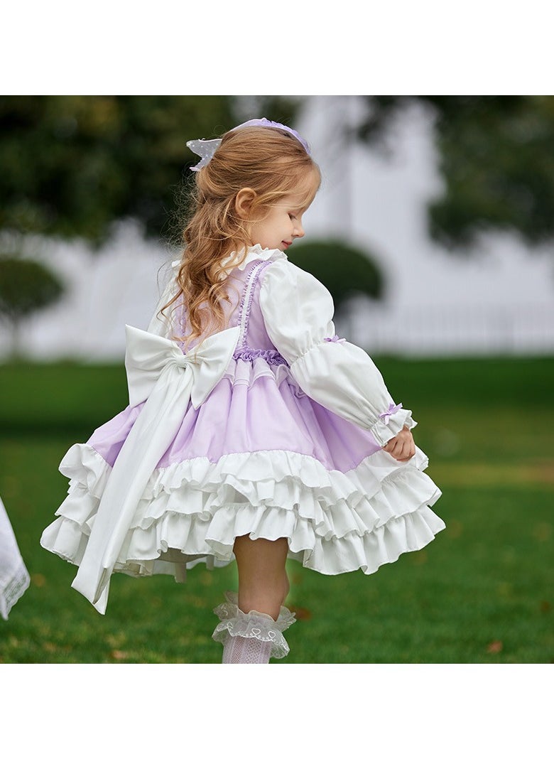 Girl's Lolita Fluffy Puff Sleeve Dress Purple/White