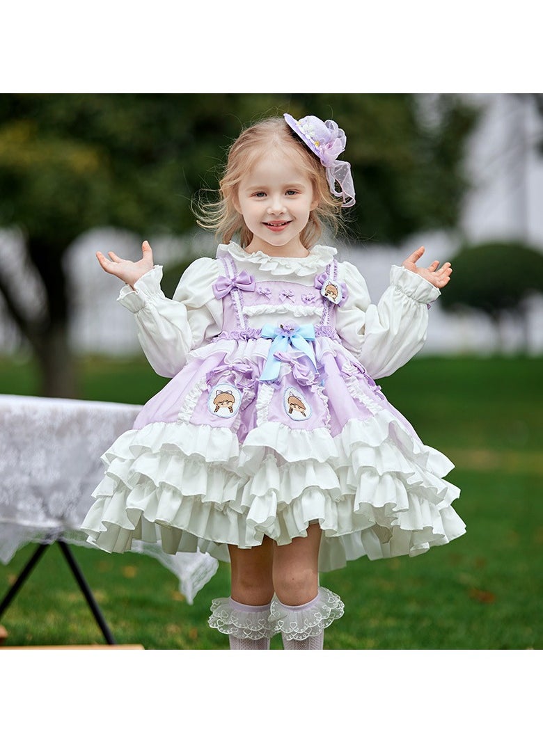 Girl's Lolita Fluffy Puff Sleeve Dress Purple/White