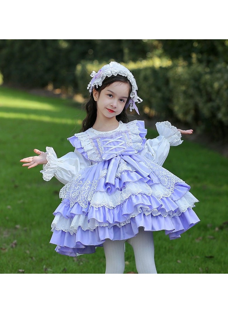 Girl's Lolita Fluffy Long Sleeve Dress Blue/White