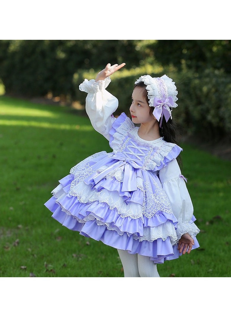 Girl's Lolita Fluffy Long Sleeve Dress Blue/White