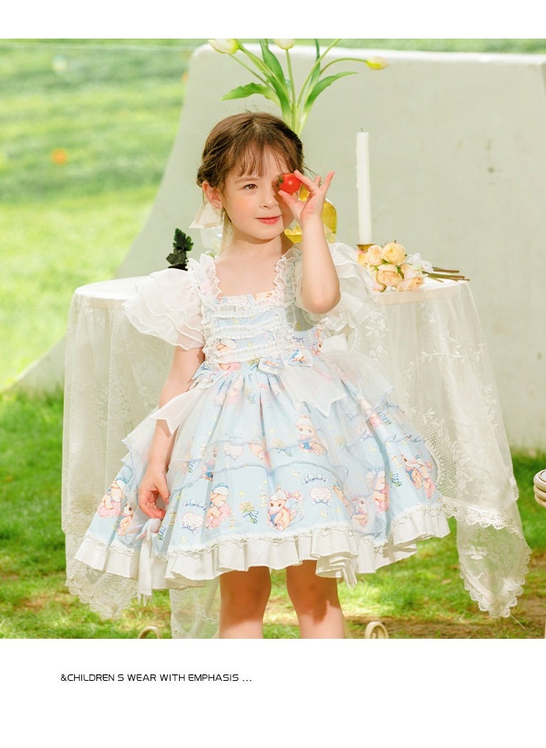 Girl's Cartoon Lolita Fluffy Sleeveless Dress Blue/White/Pink