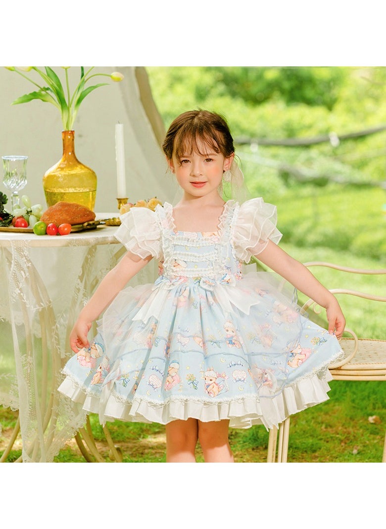 Girl's Cartoon Lolita Fluffy Sleeveless Dress Blue/White/Pink