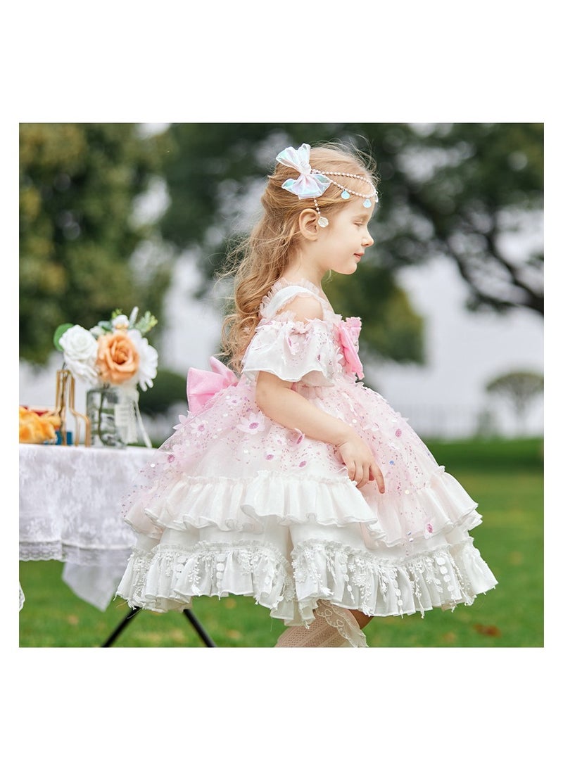 Girl's Lolita Fluffy Short Sleeved Off Shoulder Dress White/Pink