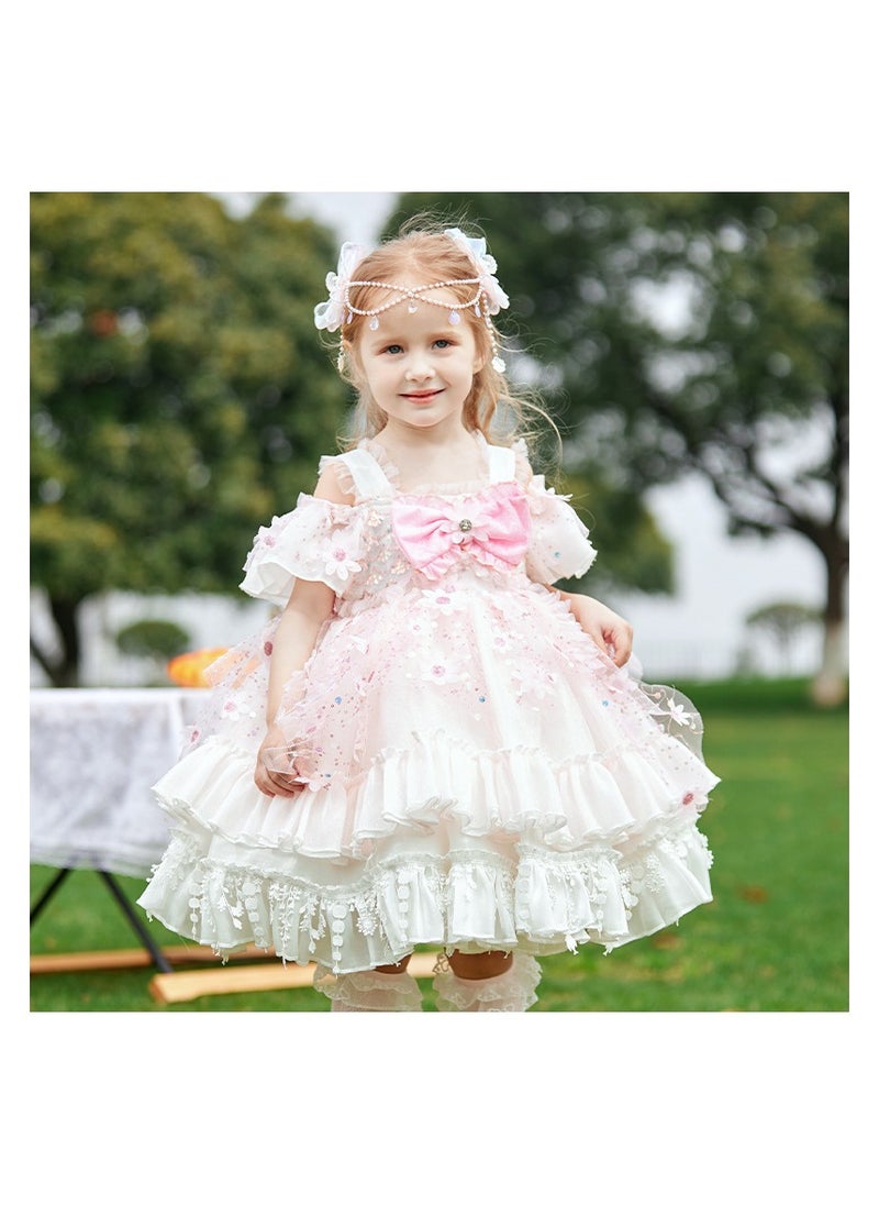 Girl's Lolita Fluffy Short Sleeved Off Shoulder Dress White/Pink