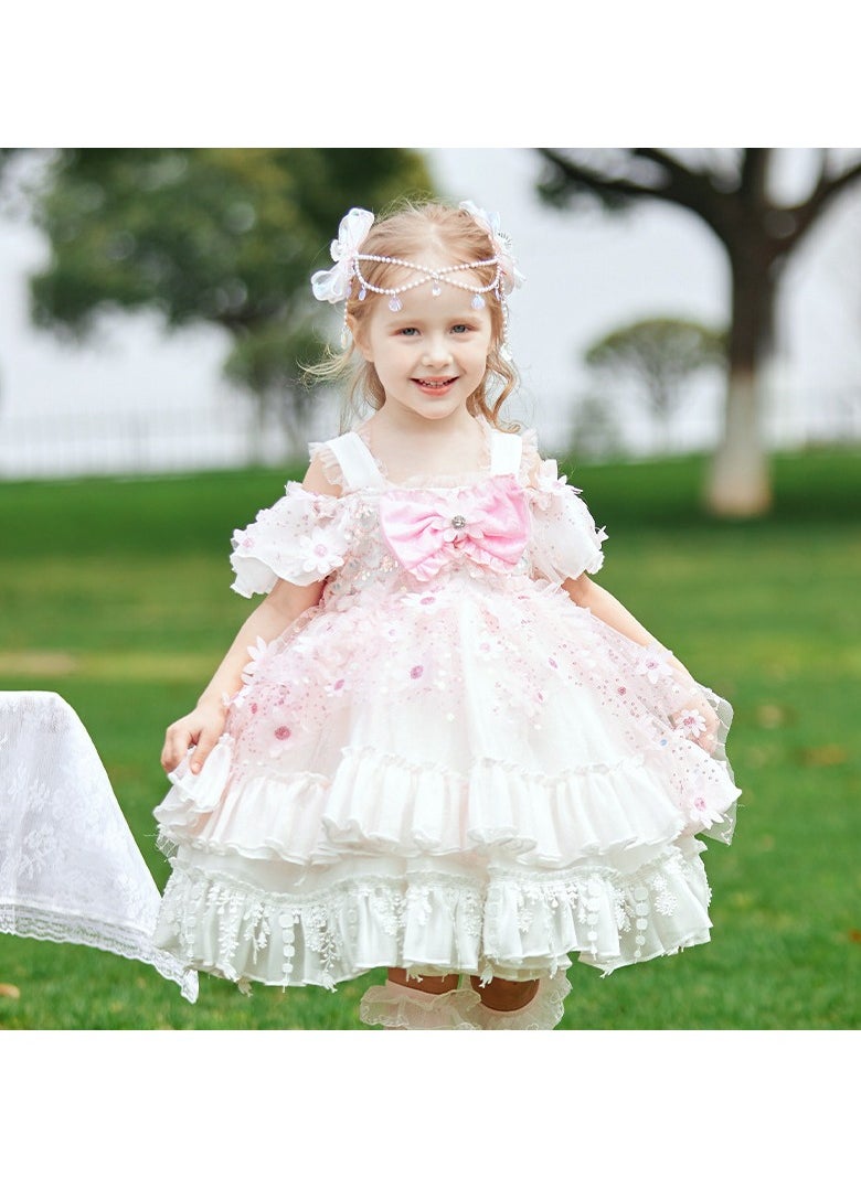 Girl's Lolita Fluffy Short Sleeved Off Shoulder Dress White/Pink
