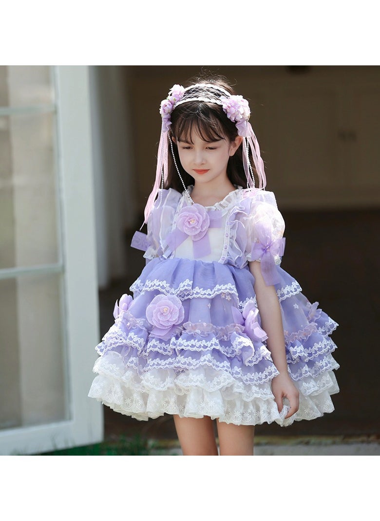 Girl's Lolita Fluffy Short Sleeved Lace Dress Blue/White