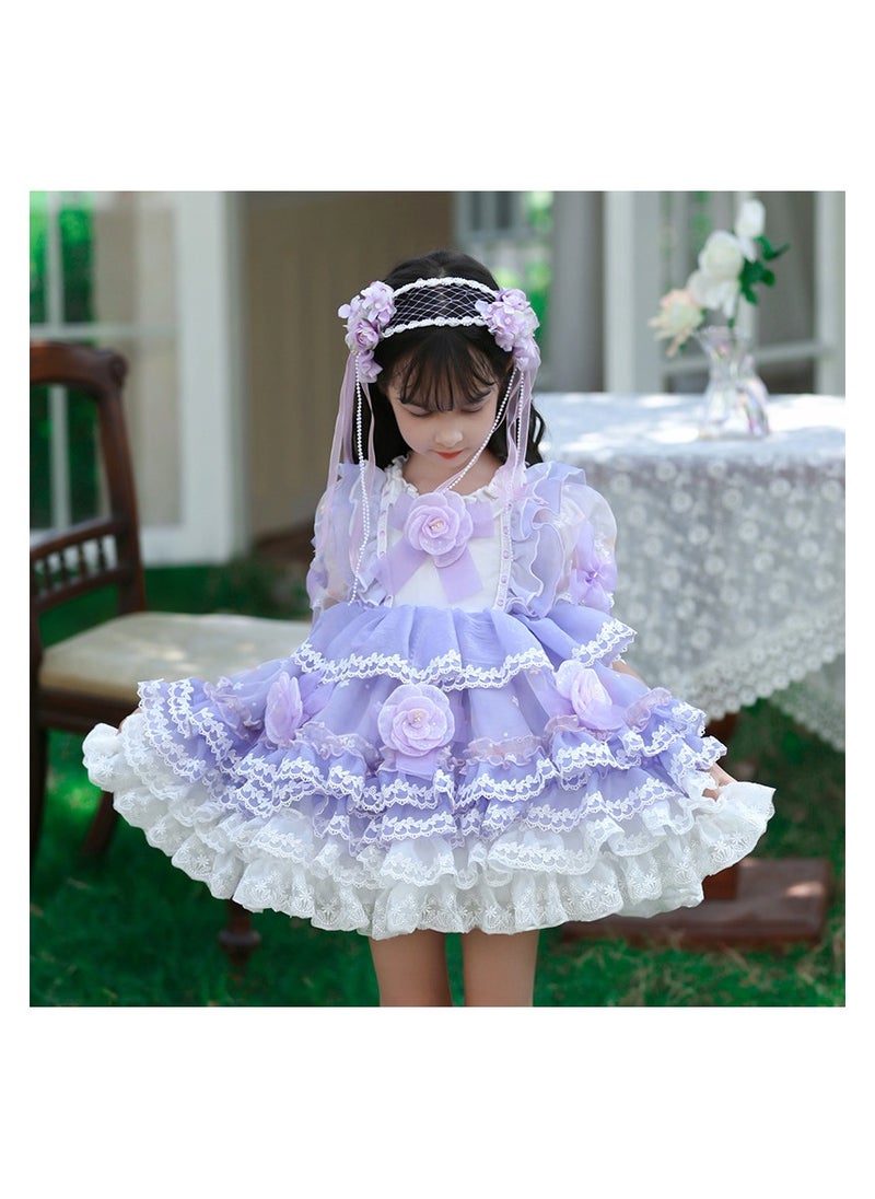 Girl's Lolita Fluffy Short Sleeved Lace Dress Blue/White