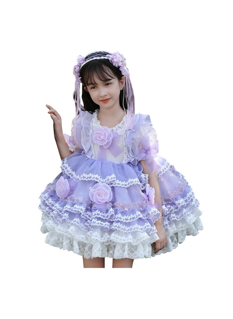 Girl's Lolita Fluffy Short Sleeved Lace Dress Blue/White