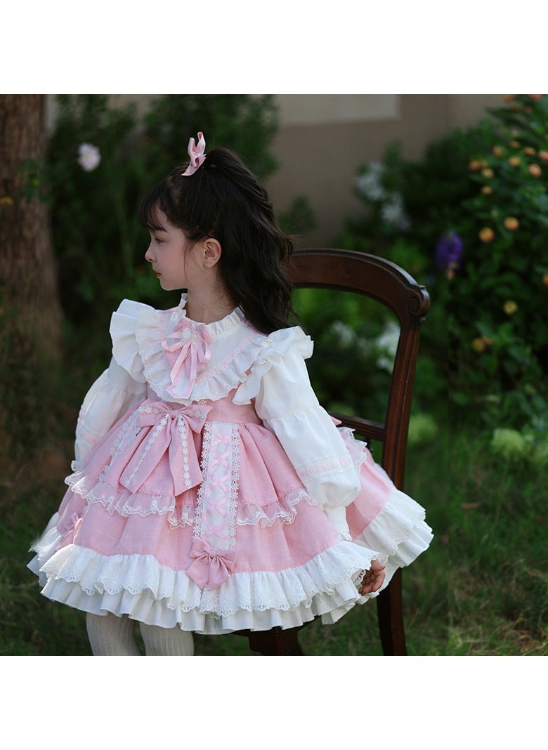 Girl's  Lolita Fluffy Long Sleeve Dress White/Pink
