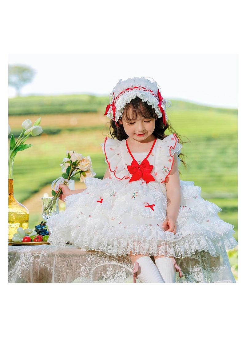 Girl's Lolita Fluffy Sleeveless Floral Dress White/Red