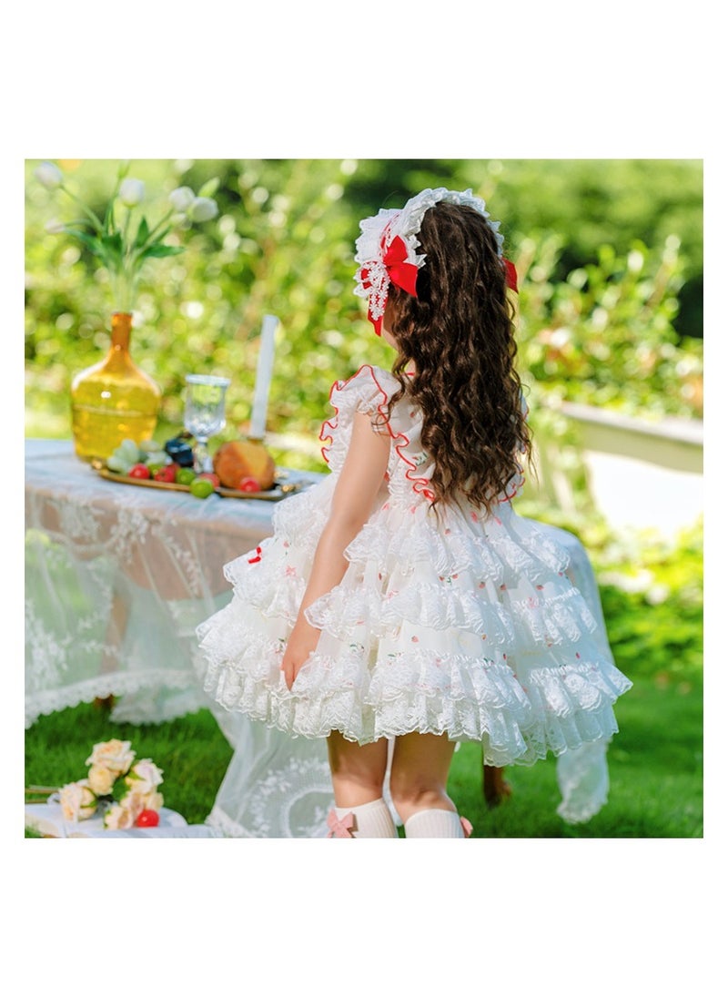 Girl's Lolita Fluffy Sleeveless Floral Dress White/Red