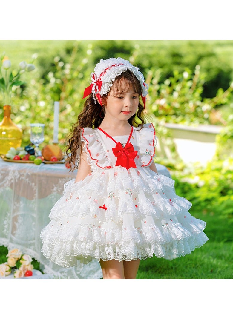 Girl's Lolita Fluffy Sleeveless Floral Dress White/Red
