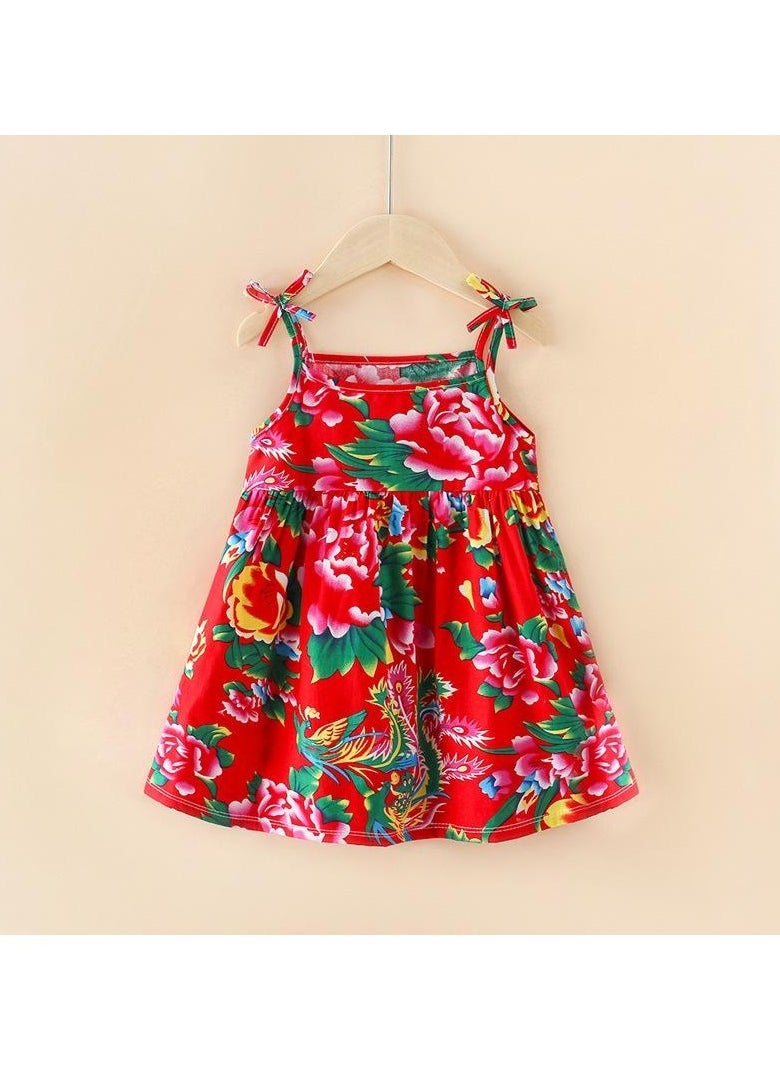 Girls Ins Style Princess Summer Collection Floral Print Strap Dress