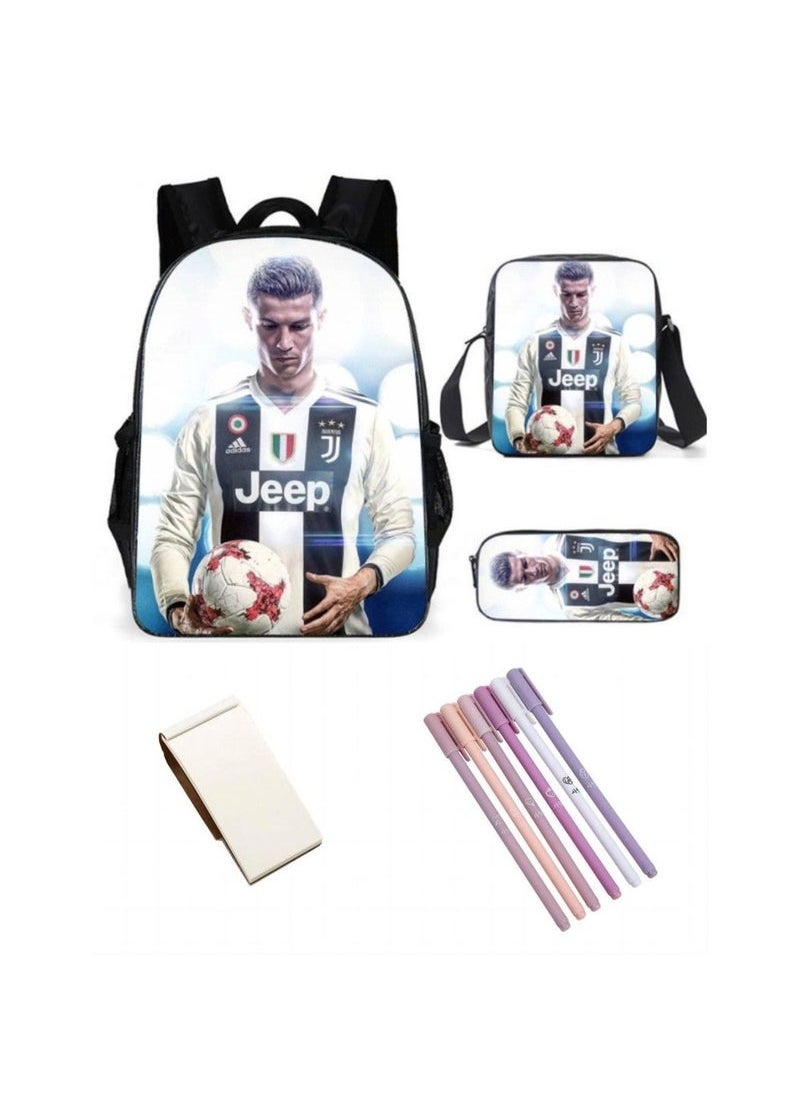 Kids School Bags Set of 3 School Bags With Lunch Bag And Pencil Case C-Ronaldo Casual Backpack For Teen Boys Girls, Soccer School Backpack