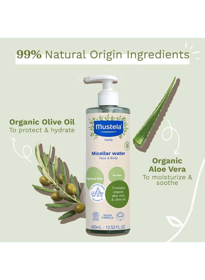 Mustela Bio Organic No-Rinse Fragrance-Free Baby Micellar Cleansing Water For Face And Body 400ml