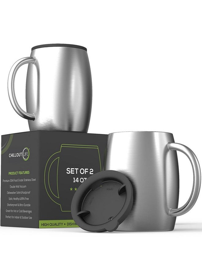 CHILLOUT LIFE Stainless Steel Insulated Coffee Mugs Set of 2 (14oz) - Double Wall Coffee Cups with Spill Resistant Lid & Strong Handle, Shatterproof Cups for Cold Drinks and Hot Beverages