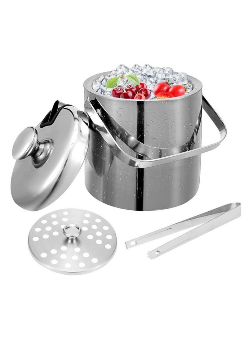 1pcs 1.3 Liter Stainless Steel Ice Cube Container Ice Bucket Ice Cube Container Double Walled With Lid and Ice Tongs Included Strainer for Chilling Beer Champagne and Wine