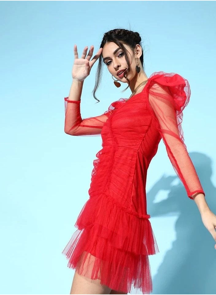 RED MESH FLOUNCE SLEEVE SHORT DRESS