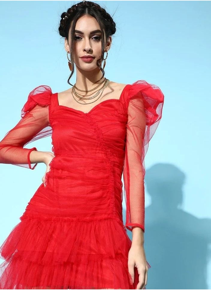 RED MESH FLOUNCE SLEEVE SHORT DRESS