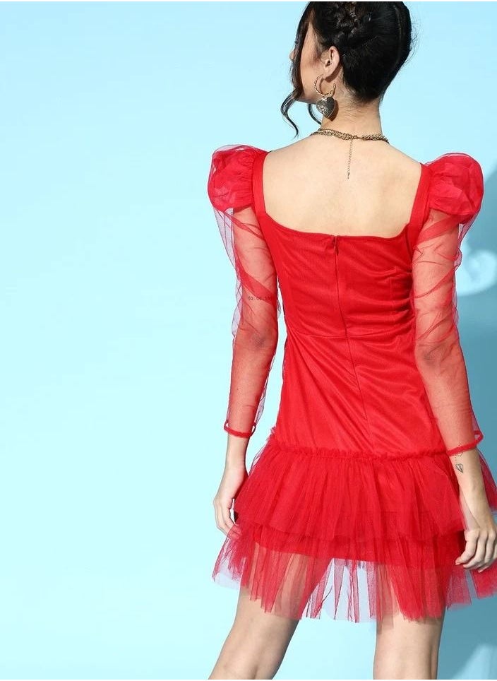 RED MESH FLOUNCE SLEEVE SHORT DRESS