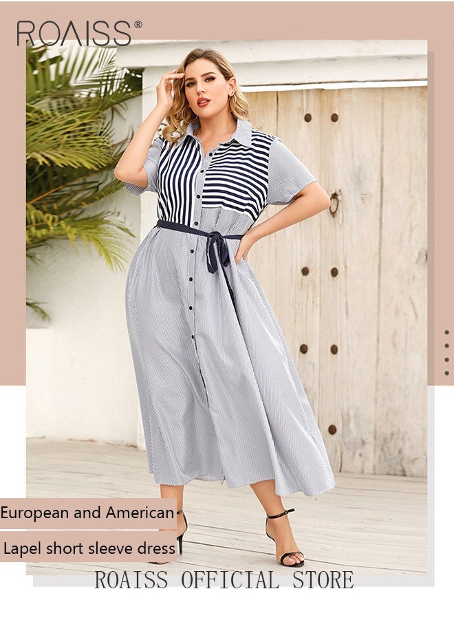 Plus Size Women Striped Shirt Dress Turn Down Collar Waist Tie Mid Length Sleeves Traditional Female Attire Loose Fit Fashionable and Versatile Flattering for Ladies Elegant Temperament Casual Outfit